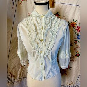 SOLD!! 60s VINTAGE WHITE RUFFLE LACE SHEER BLOUSE
